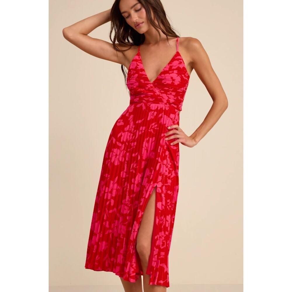 NWT Lulus Vibrant Moment Red & Pink Floral Pleated Lace-Up Midi Dress Resort S